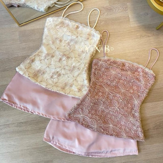 Princess SET -W676 bộ set áo dây một màu dài, họa tiết hoa, váy satin