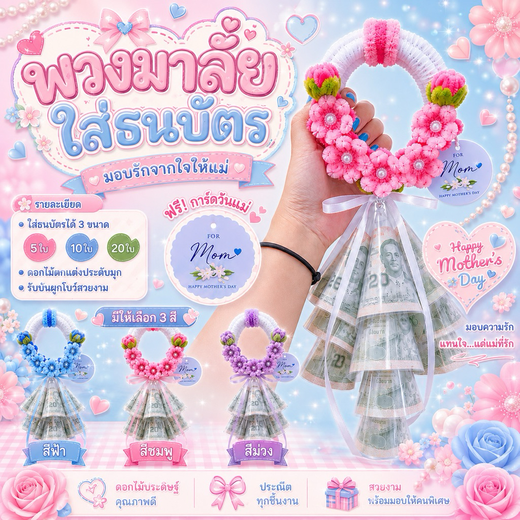 พวงมาลัยใส่ธนบัตรจากลวดกำมะหยี่ (ลูกค้าใส่เงินเอง)