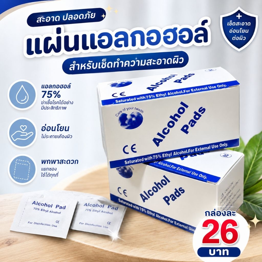 แผ่นแอลกอฮอล์ 75% จำนวน 100 แผ่น พร้อมส่งในไทย เช็ดหน้าเล็บ เช็ดมือถือ ทำความสะอาด