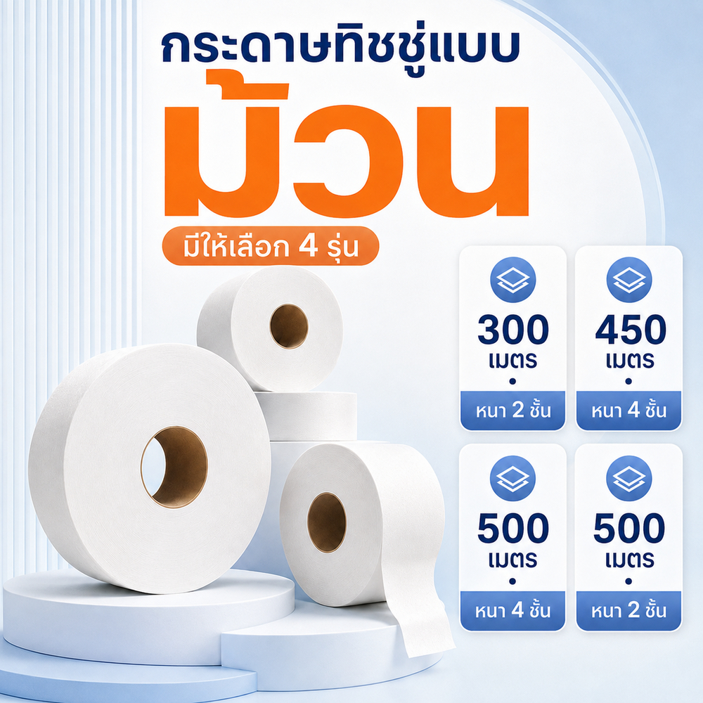 กระดาษทิชชู่ [ม้วน] กระดาษชำระม้วนใหญ่ 1ม้วนยาว 500/300/450เมตร  ผลิตจากเยื่อกระดาษบริสุทธิ์ 100% รุ่น1652
