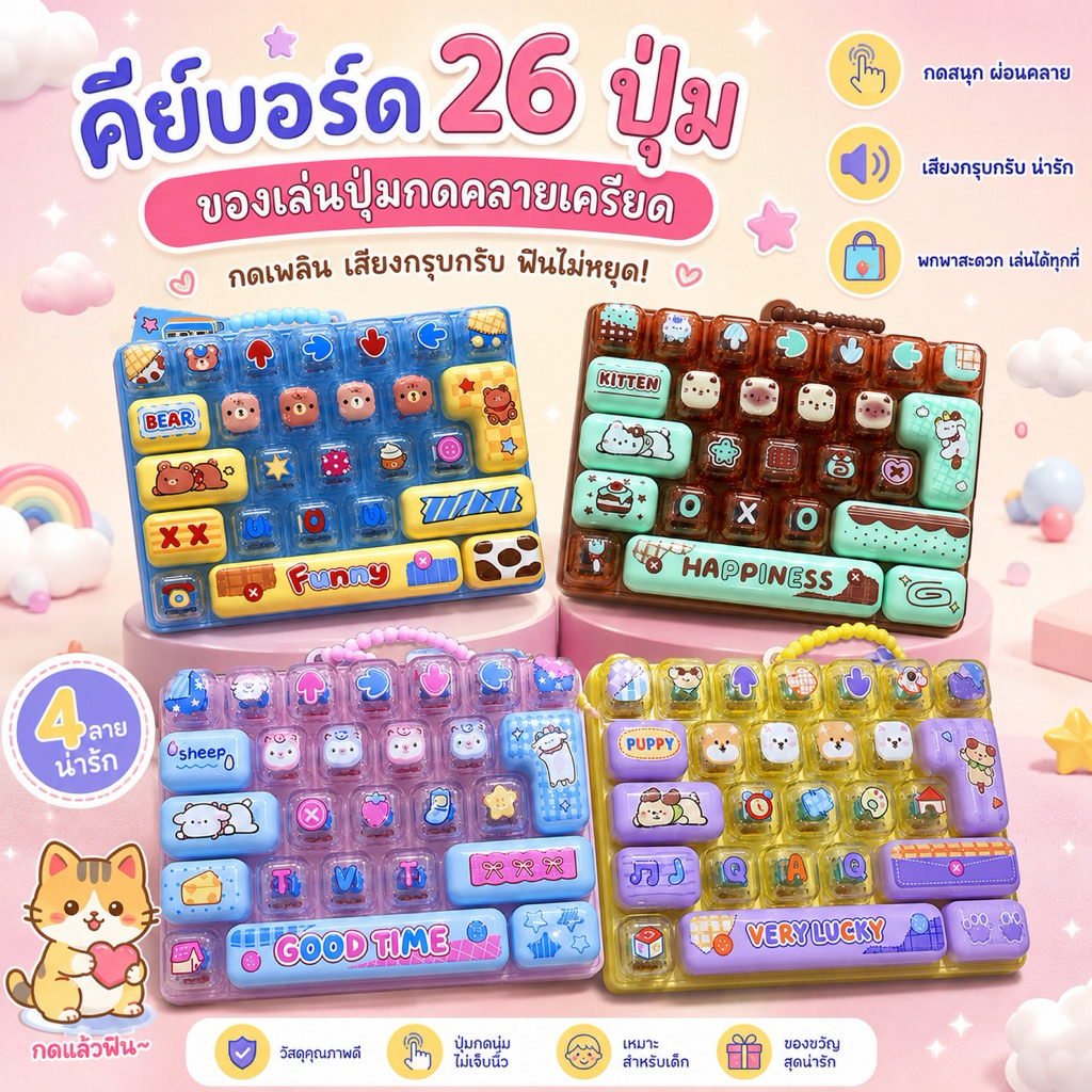 🇹🇭 คีย์แคปพกพา พวงกุญแจคีย์บอร์ด 26 ปุ่ม ของเล่นปุ่มกดคลายเครียด ลายน่ารัก พวงกุญแจของเล่น ของฝาก…