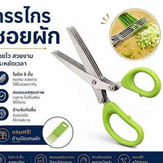 Kéo cắt rau bằng thép không gỉ 5 lưỡi, kéo cắt hành lá, ớt, thảo mộc, cắt nhanh 5 lần, kèm lược làm sạch lưỡi, tay cầm chống trượt.