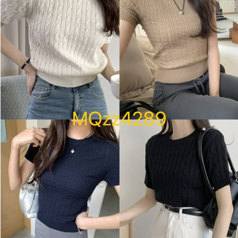 MQzz4289 *พร้อมส่ง* เสื้อยืดไหมพรม แขนสั้น กันหนาว ลายเปีย ใส่ดูดี เข้ารูปหุ่นดี อก 40 นิ้วใส่ได้ Freesize