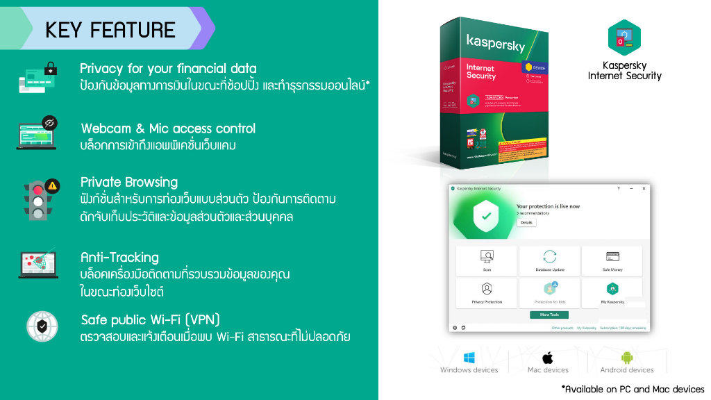 ข้อมูลประกอบของ Kaspersky Internet Security 2 Year for PC, Mac and Mobile Antivirus Software โปรแกรมป้องกันไวรัส 100%