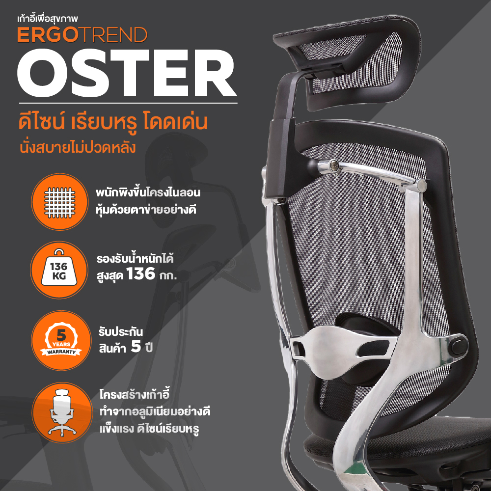Ergotrend เก้าอี้เพื่อสุขภาพเออร์โกเทรน รุ่น Oster สีดำ เก้าอี้สีดำ ระบายอากาศดีเยี่ยม นุ่มสบาย ตามหลักสรีระศาสตร์ Ergonomic รองรับน้ำหนักได้สูงสุด 150 กก. ลดอาการปวดเมื่อย เกรดพรีเมี่ยม