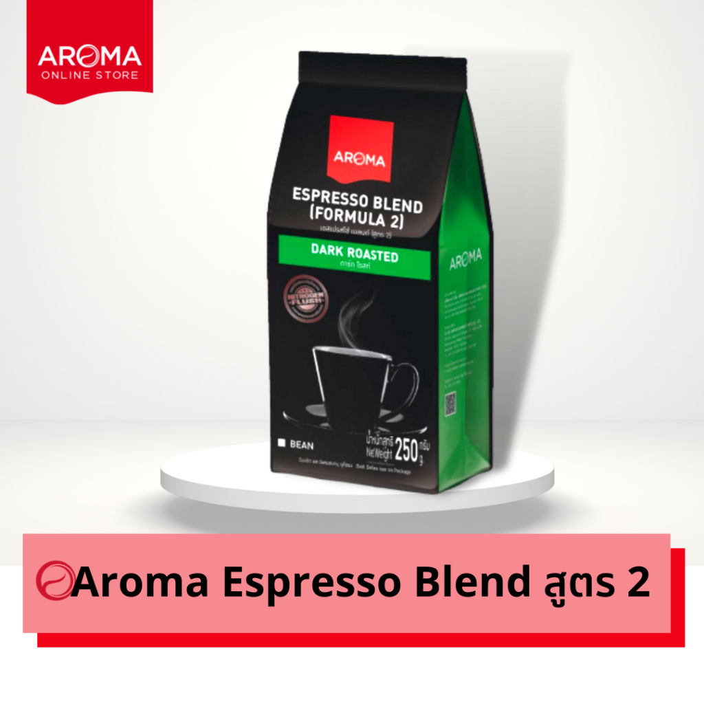 คำอธิบายเพิ่มเติมเกี่ยวกับ Aroma Coffee เมล็ดกาแฟคั่ว Aroma Espresso สูตร 2 (ชนิดเม็ด) (250กรัม/ซอง)