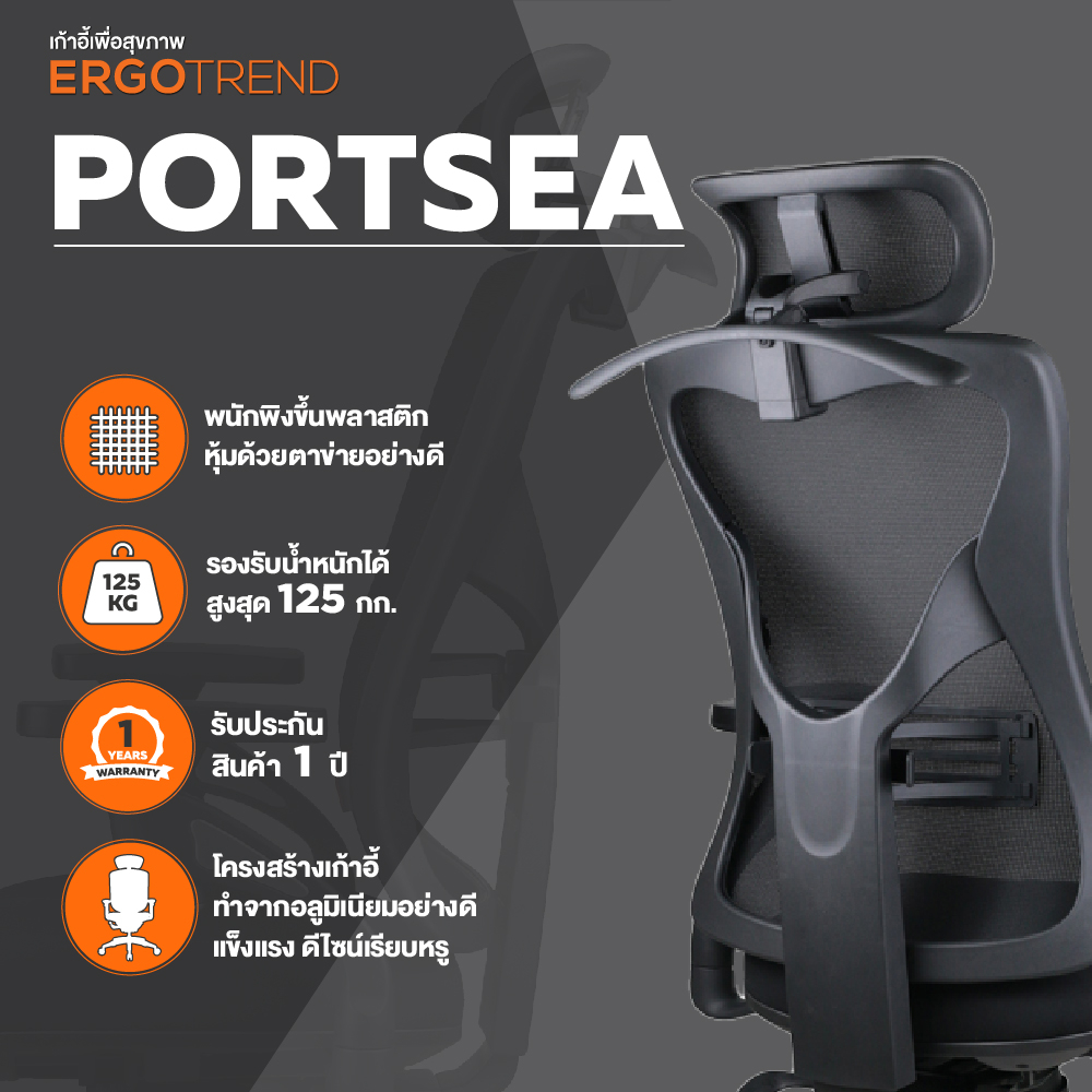 Ergotrend เก้าอี้เพื่อสุขภาพ เออร์โกเทรน รุ่น PORTSEA เก้าอี้สีดำ ระบายอากาศดีเยี่ยม นุ่มสบาย ตามหลักสรีระศาสตร์ Ergonomic เก้าอี้พนักพิงสูง ลดอาการปวดเมื่อย เกรดพรีเมี่ยม รองรับน้ำหนัก 125 kg.