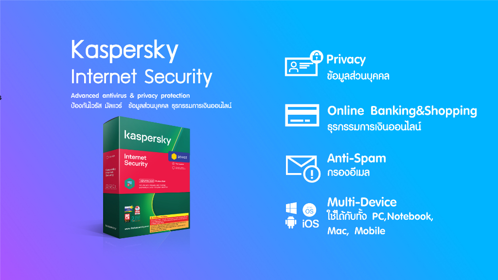 ข้อมูลประกอบของ Kaspersky Internet Security 2 Year for PC, Mac and Mobile Antivirus Software โปรแกรมป้องกันไวรัส 100%