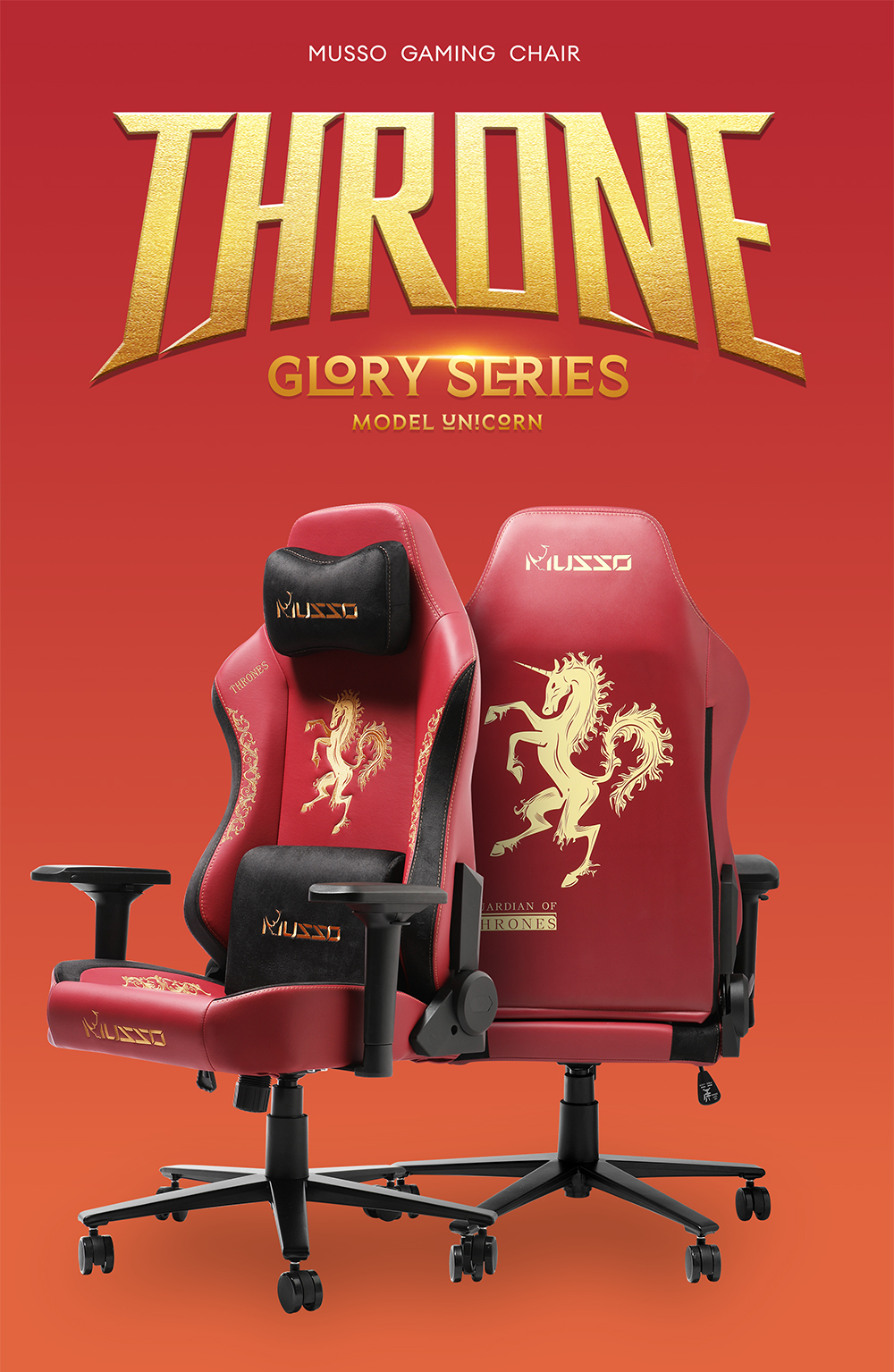 MUSSO Glory Series Model Unicorn / Dragon / Tiger เก้าอี้คอม เก้าอี้สีดำ เก้าอี้สีขาว เก้าอี้สีแดง เก้าอี้เกมมิ่ง 4D ที่เท้าแขนปรับระดับได้ หมอนรองศีรษะเมมโมรี่โฟมด้วยแรงดึงดูดแม่เหล็ก