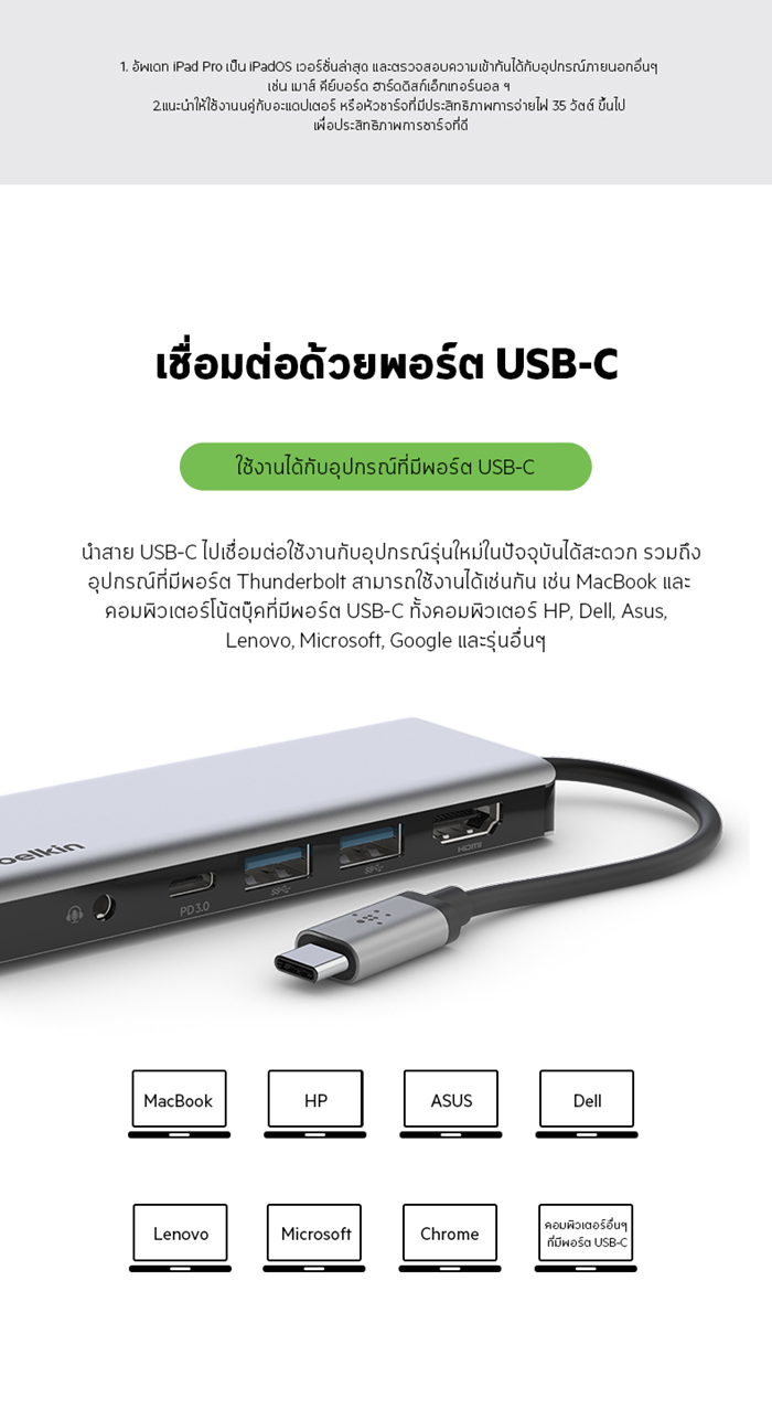ข้อมูลเกี่ยวกับ Belkin ฮับมัลติพอร์ต CONNECT Hub USB-C3.1 7-in-1 Multiport Hub USB C PD 100W สำหรับ Windows MAC AVC009btSGY