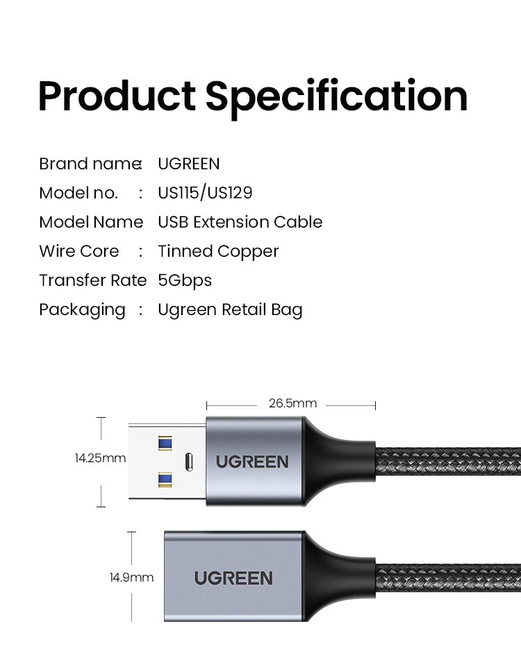 รูปภาพเพิ่มเติมของ UGREEN รุ่น US129 สายต่อ USB 3.0 สายเพิ่มความยาว USB Extension Cable สายยาว 0.5-5m