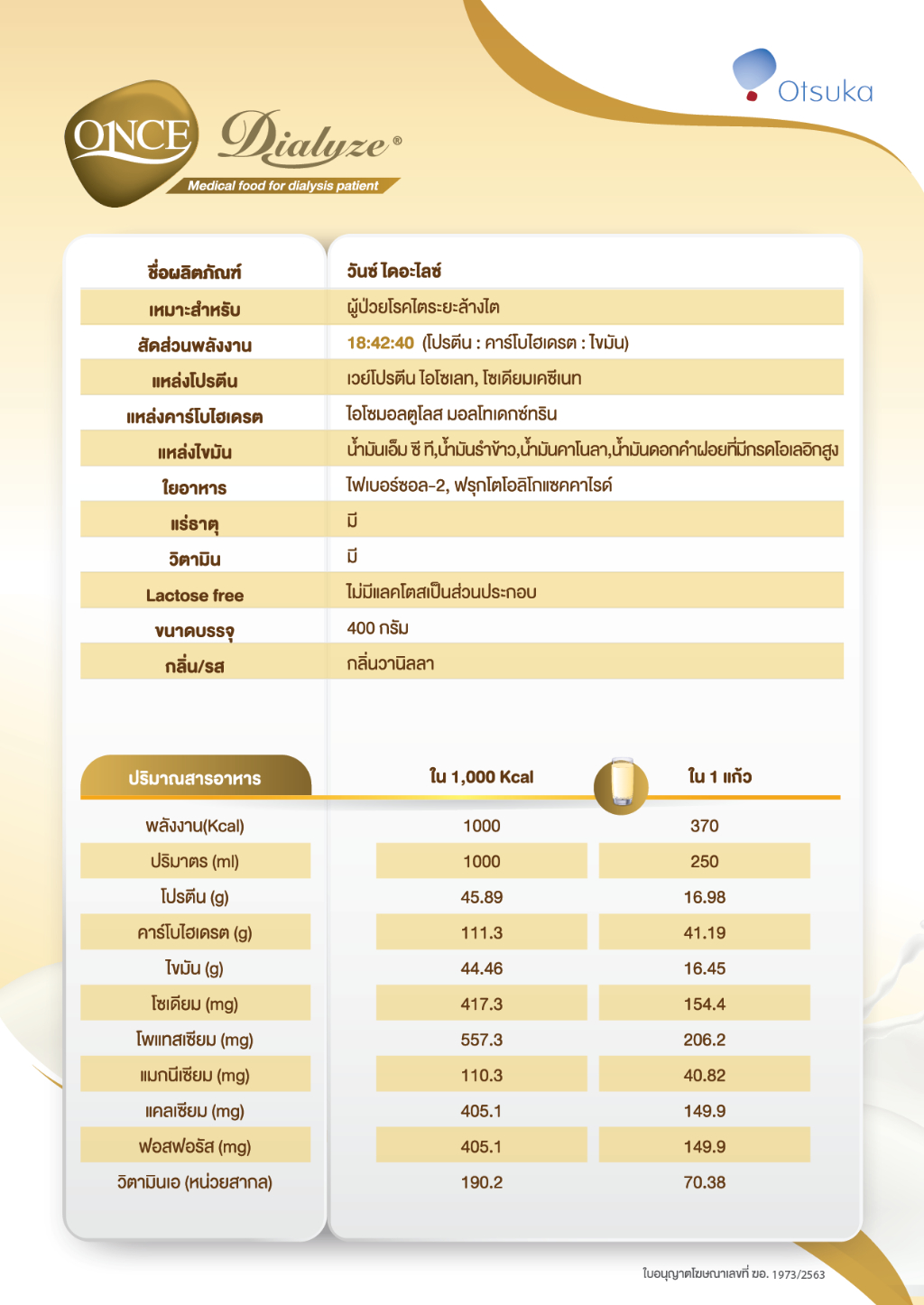 เกี่ยวกับ Thai Otsuka ONCE Dialyze วันซ์ ไดอะไลซ์ ขนาด 400 กรัม อาหารทางการแพทย์ สำหรับผู้ป่วยล้างไต กลิ่นวานิลลา