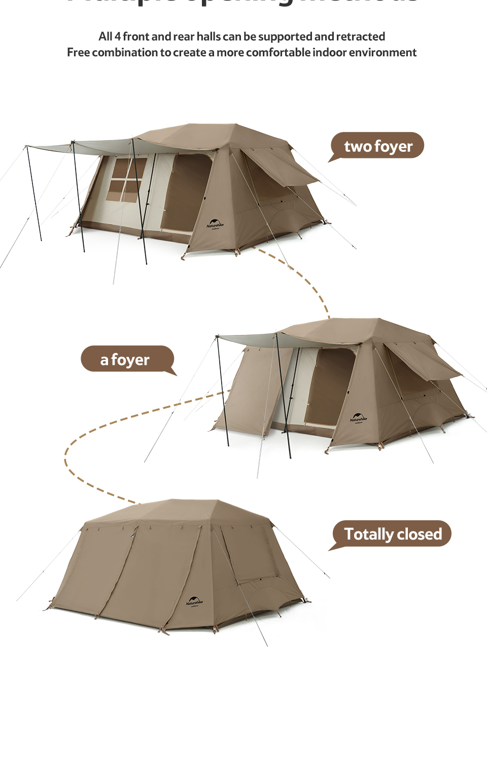 Naturehike Village 13 เต็นท์อัตโนมัติตั้งแคมป์กลางแจ้งอุปกรณ์ตั้งแคมป์สองห้องหนึ่งห้องโถงกระท่อมป่า