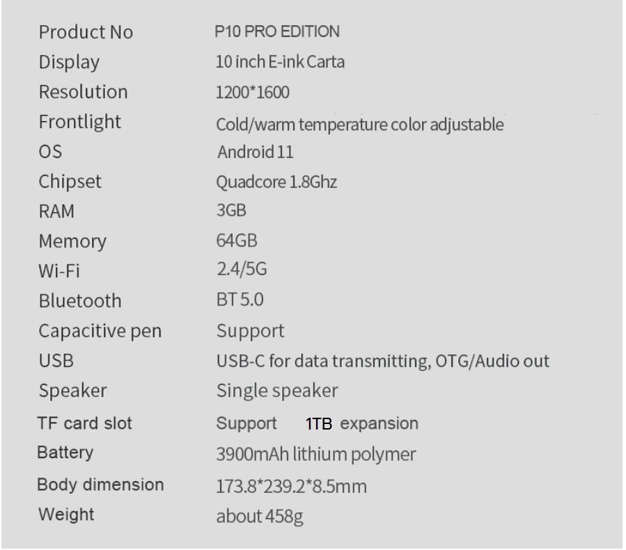 ข้อมูลเพิ่มเติมของ Meebook P10 Pro Edition eBook Reader 2023 - New 10" Eink (Android 11 / Micro SD Slot 1TB)