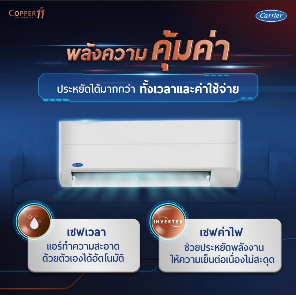 ข้อมูลเพิ่มเติมของ CARRIERแอร์ติดผนังระบบอินเวอร์เตอร์รุ่นCOPPER11มีขนาด9200-25200BTU