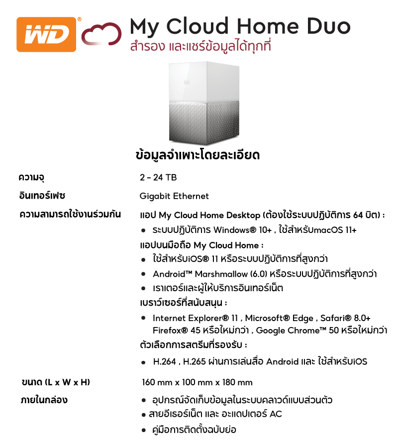 ข้อมูลประกอบของ Western Digital HDD MY CLOUD HOME DUAL DRIVE ( HDD EXT CLOUD STORAGE )