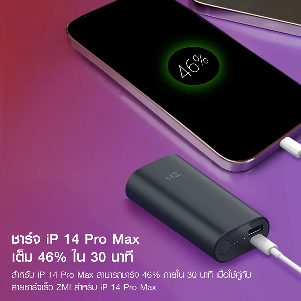 เกี่ยวกับสินค้า ZMI QB818 แบตสำรอง ชาร์จเร็ว PD30W 10000mAh 2 พอร์ตชาร์จ USB-A / USB-C iPhone 14 -1Y