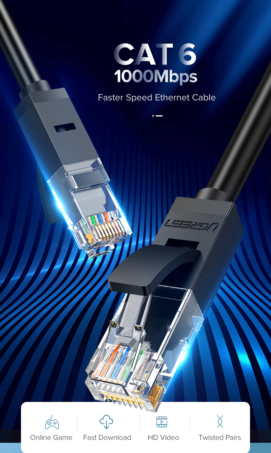 เกี่ยวกับสินค้า UGREEN รุ่น NW102 สายแลน Cat6 LAN Ethernet Cable Gigabit RJ45 รองรับ 1000Mbps ความยาว 50CM-10M มี 2 สี ดำ/น้ำเงิน