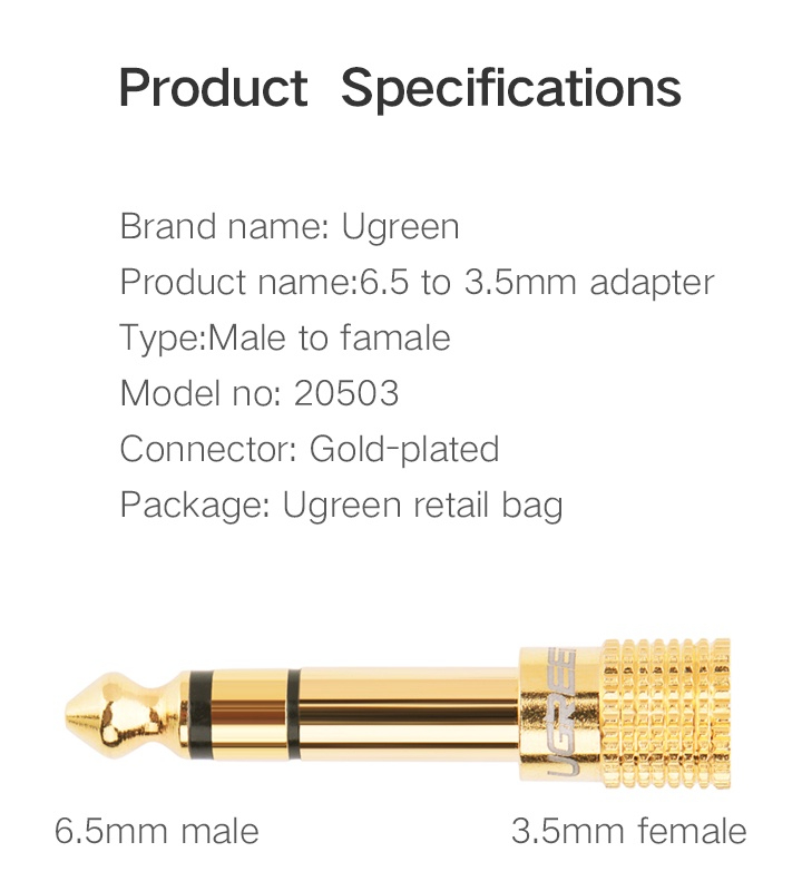 เกี่ยวกับ UGREEN รุ่น 20503 หัวแปลง AUX 6.35mm to 3.5mm Male to Female tereo Audio Adapter Gold Plated