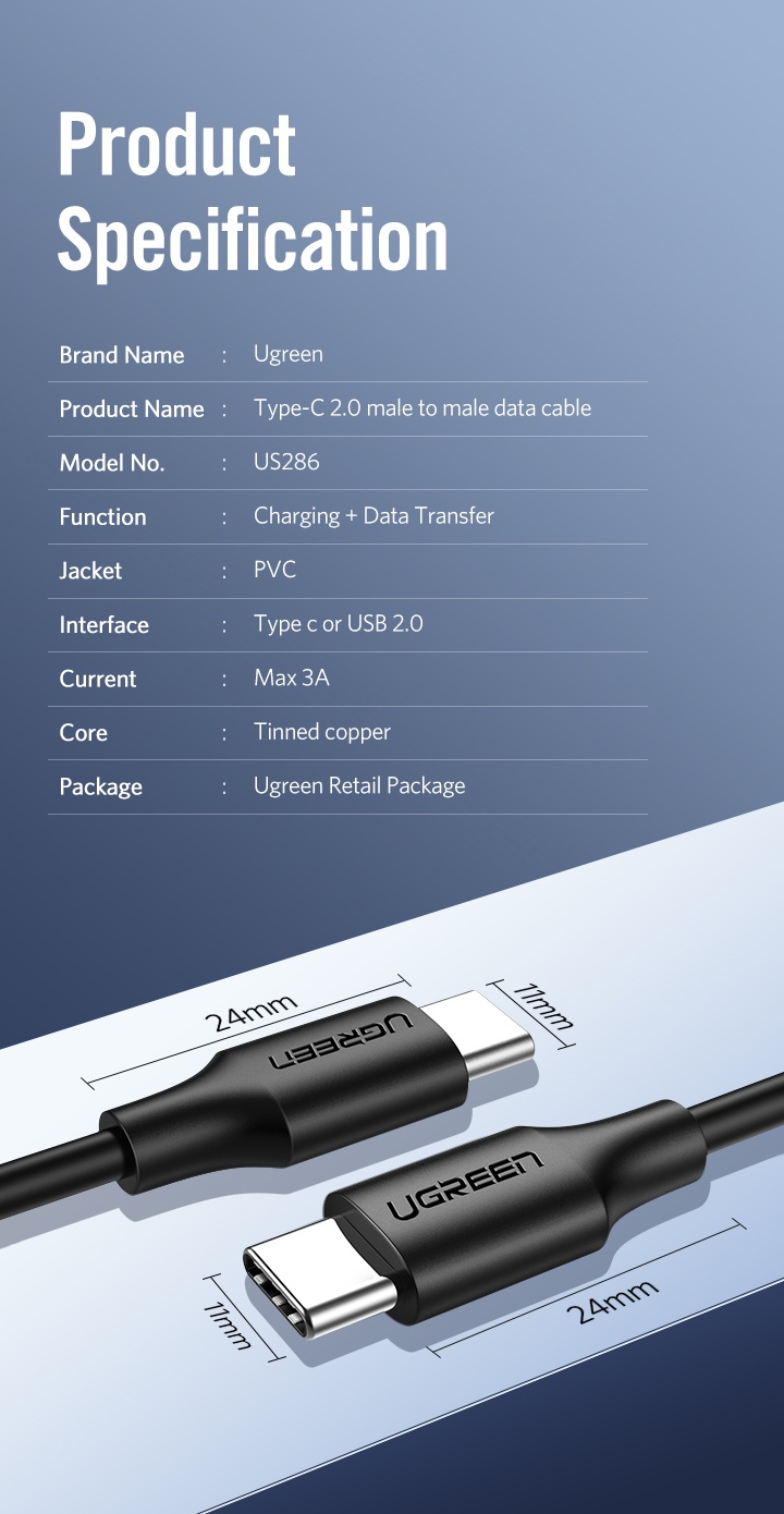 มุมมองเพิ่มเติมเกี่ยวกับ UGREEN สายชาร์จเร็ว Type C 60 - 100W USB2.0 รองรับ QC3.0 สายถัก สายยาว 0.5 - 3 เมตร รหัส us286