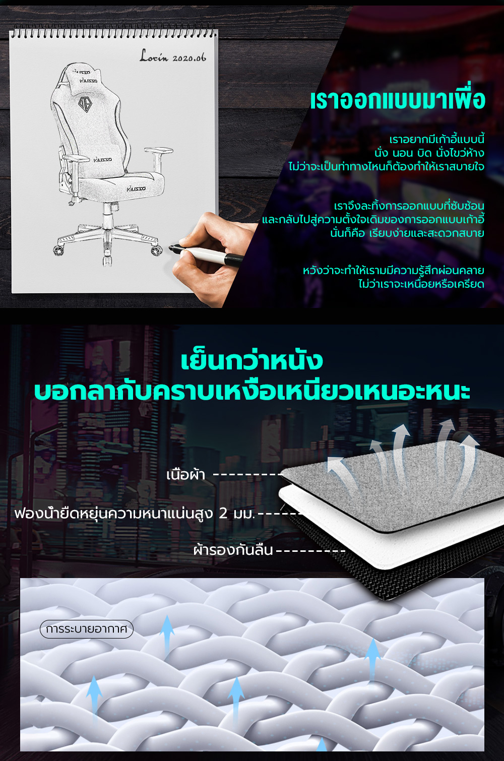 MUSSO รุ่น Navigator Series เก้าอี้เล่นเกม เนื้อผ้า พร้อมที่นั่งขนาดกว้างตามหลักสรีรศาสตร์ เก้าอี้สำนักงานปรับระดับได้ Gaming Chair เก้าอี้สีดำ เก้าอี้สีเทา