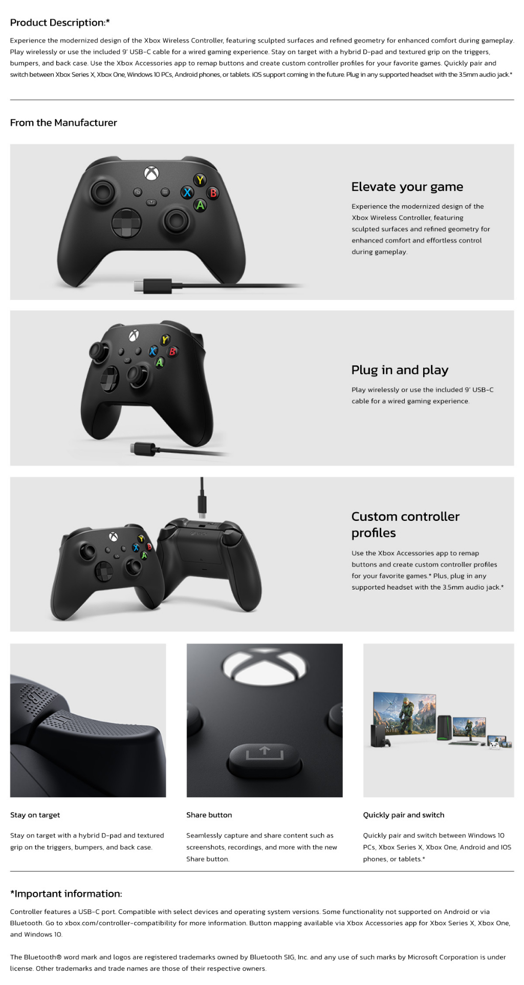 รูปภาพรายละเอียดของ Microsoft Xbox Black Controller + Usb-C Cable