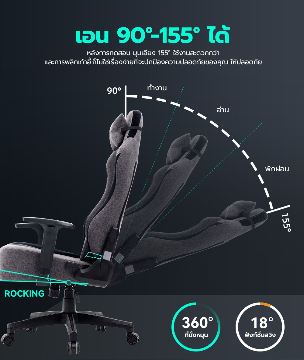 MUSSO รุ่น Navigator Series เก้าอี้เล่นเกม เนื้อผ้า พร้อมที่นั่งขนาดกว้างตามหลักสรีรศาสตร์ เก้าอี้สำนักงานปรับระดับได้ Gaming Chair เก้าอี้สีดำ เก้าอี้สีเทา
