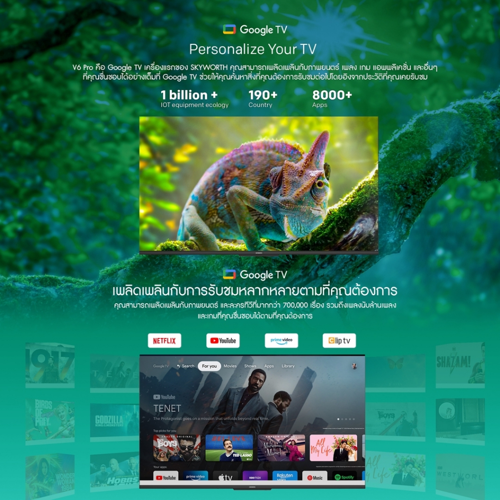 SKYWORTH รุ่น 75V6PRO Google TV ขนาด 75 นิ้ว 4K รองรับ Netflix/Youtube/Google Play เกรดคุณภาพ [รับประกัน 5 ปี+ส่งฟรี]