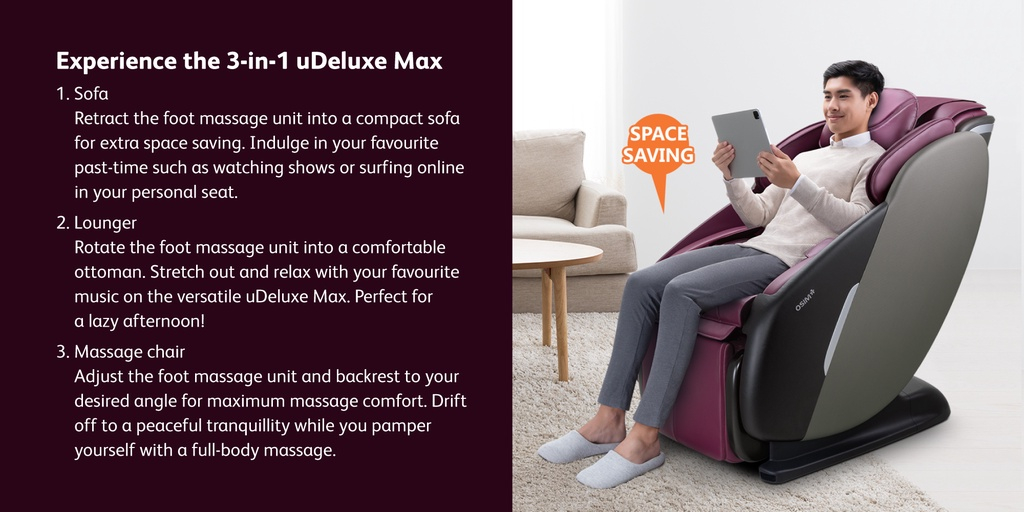 OSIM uDeluxe MAX Massage Chair เก้าอี้นวดไฟฟ้า โซฟานวดไฟฟ้า ลดอาการปวดเมื่อย คลายกล้ามเนื้อดีเยี่ยม ผ่อนคลายความเหนื่อยล้าขั้นสุด