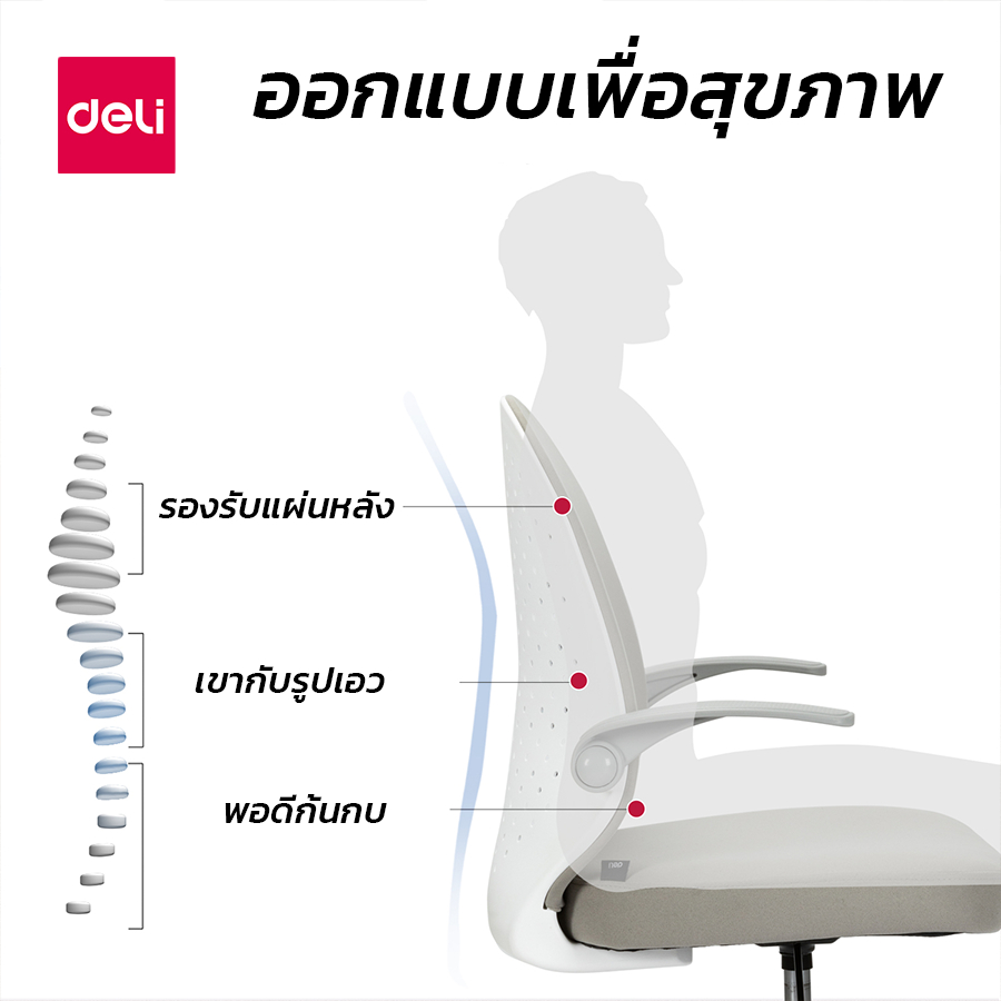 Deli เก้าอี้สำนักงาน เก้าอี้ออฟฟิศ เก้าอี้สีเทา นั่งทำงาน นั่งสบาย ทำความสะอาดง่าย ปรับความสูงได้ 10 cm. ที่วางแขนพับได้ Office Chair ราคาดี เกรดพรีเมี่ยม