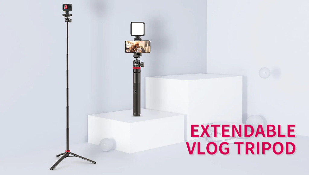 ภาพอธิบายเพิ่มเติมของ Ulanzi MT-44 Extendable Vlog tripod monopod ไม้เซลฟี่ ขาตั้งกล้อง พร้อมหัวจับมือถือในตัว มีช่องฮอตชู