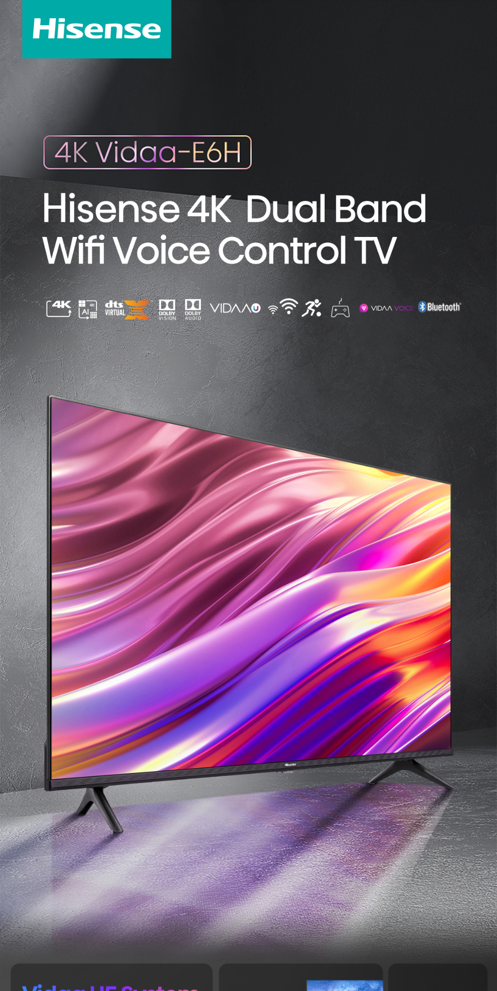 มุมมองเพิ่มเติมของสินค้า Hisense TV ทีวี 55 นิ้ว 4K Ultra HD Smart TV รุ่น 55E6H VIDAA U5 Voice Control Dolby Vision Netflix YouTube 2.4G+5G WIFI Build in /DVB-T2 / USB2.0 / HDMI /AV