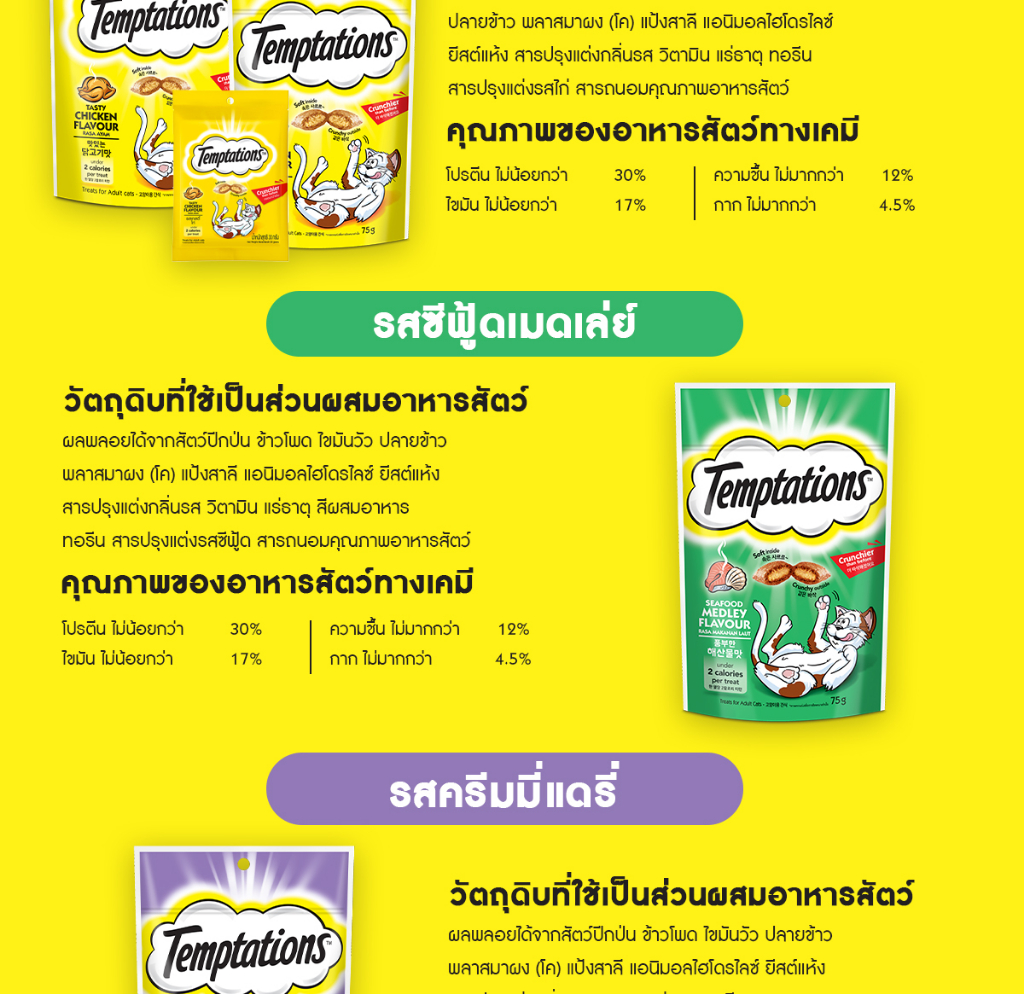 รายละเอียดเพิ่มเติมเกี่ยวกับ TEMPTATIONS ขนมแมว - ขนมแมวกรอบนอกนุ่มในสำหรับแมว - 75 กรัม (5 แพ็ก)