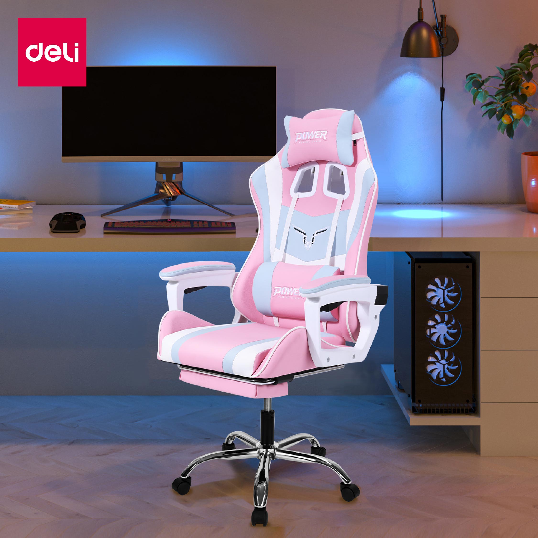 Deli เก้าอี้เกมมิ่ง เก้าอี้คอม เล่นเกม เก้าอี้สีดำ เก้าอี้สีแดง เก้าอี้สีชมพู เก้าอี้สีน้ำเงิน เก้าอี้สีเหลือง ขาเหล็ก+หมอนคู่ถอดได้+ที่พักเท้ายืดไสลด์ ปรับความสูงได้ นั่งสบาย เก้าอี้เกมมิ่งเพื่อสุขภาพ E-Sport Gaming Chair
