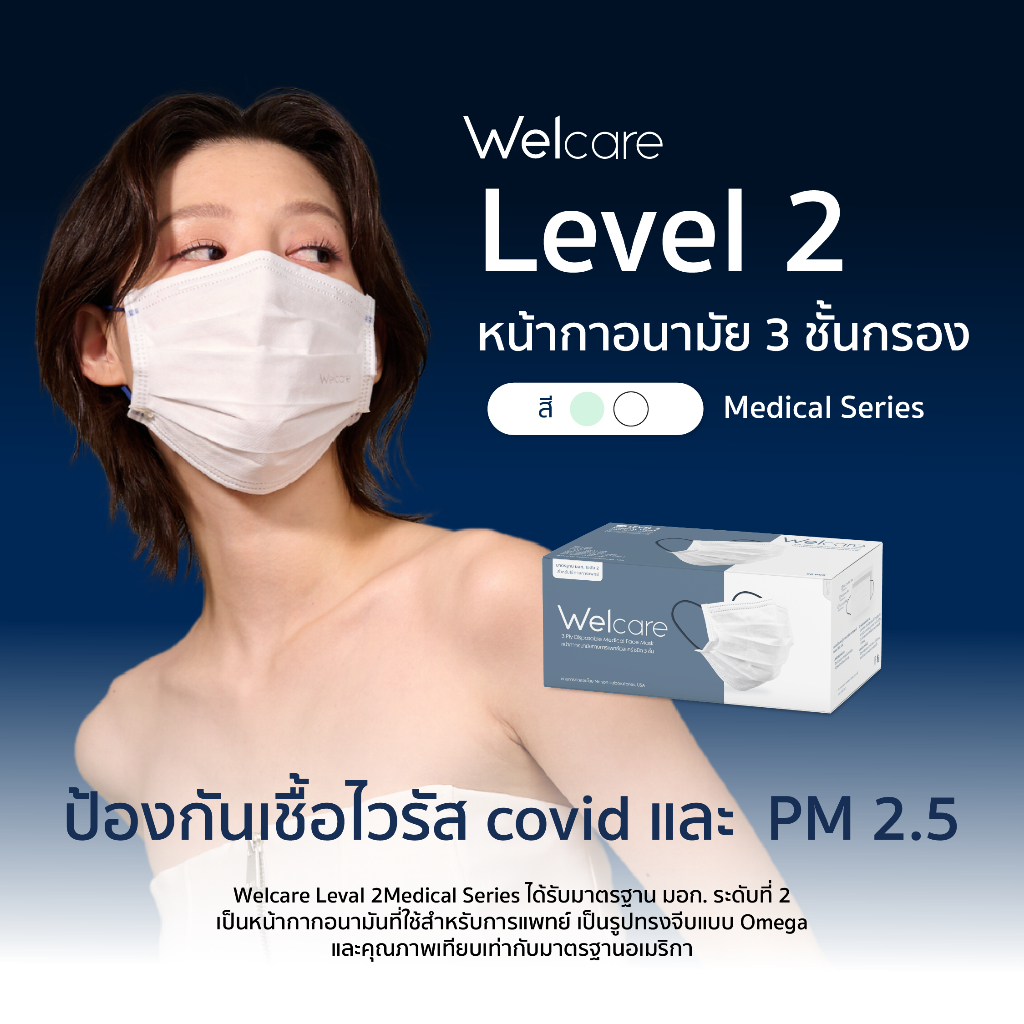 คำอธิบายเพิ่มเติมเกี่ยวกับ Welcare Mask Level 2 Medical Series หน้ากากอนามัยทางการแพทย์เวลแคร์ ระดับ 2 50 ชิ้น/กล่อง