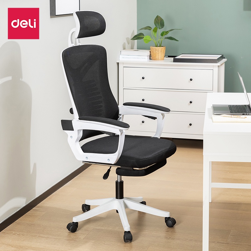 Deli เก้าอี้ทำงานเพื่อสุขภาพ Ergonomic เก้าอี้สีขาว เก้าอี้สีเทา เก้าอี้ทำงาน เก้าอี้สำนักงาน ที่นั่ง ออฟฟิศ มีหมอนรองเอวกระดูกงู ระบายอากาศดีเยี่ยม แป้นเหยียบแบบยืดหดได้ อุปกรณ์สำนักงาน Office Chair