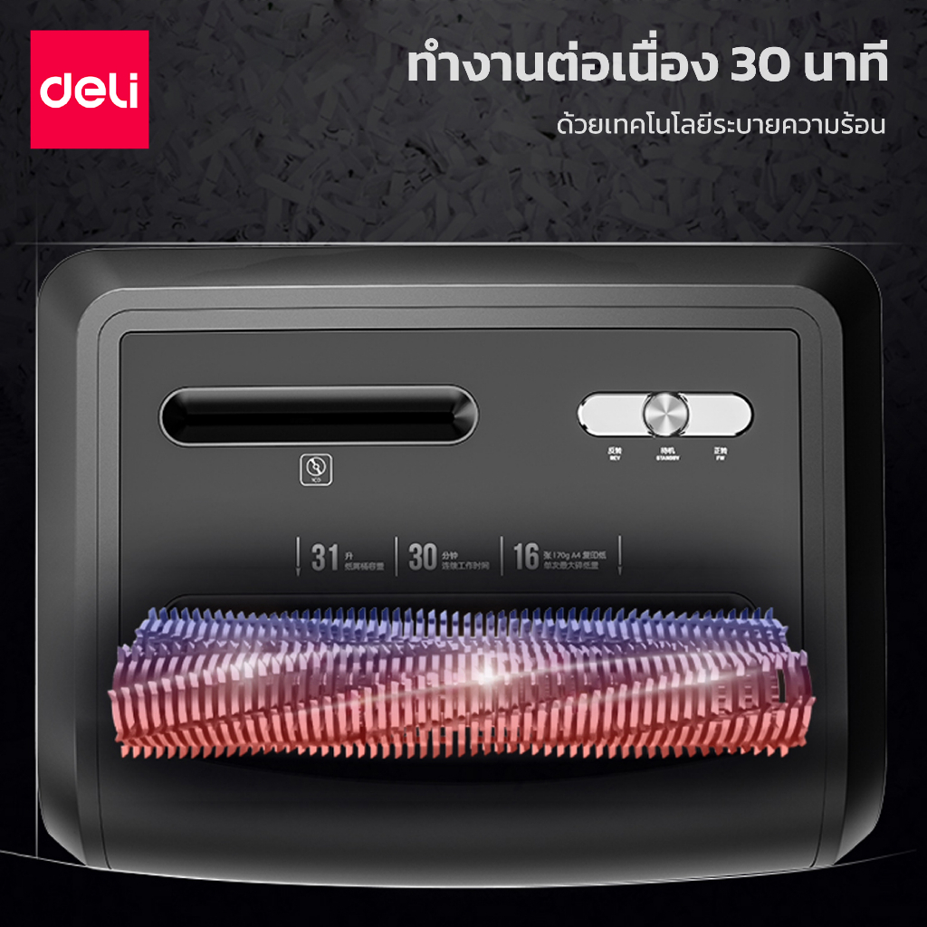 Deli เครื่องทำลายเอกสาร A4 เครื่องย่อยกระดาษ ทำลายกระดาษ 31 ลิตร ทำงานต่อเนื่อง 30 นาที Paper Shredder รุ่น E14400