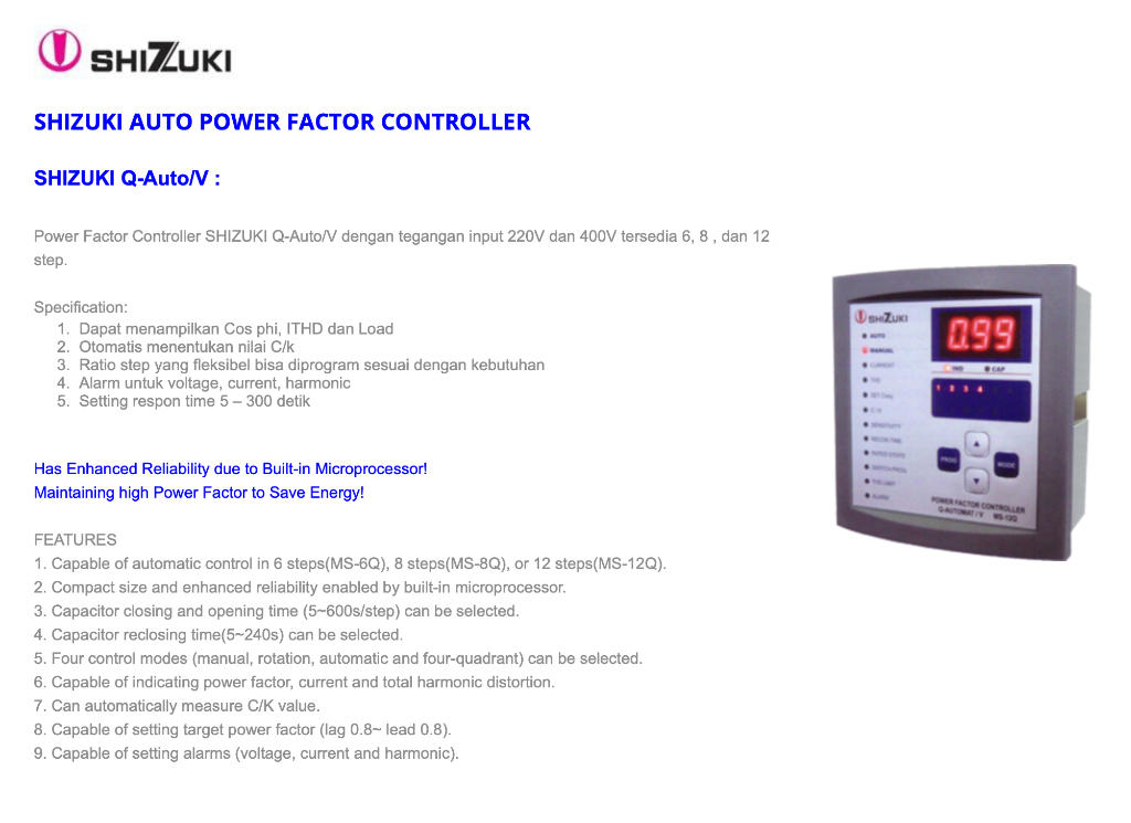 ShiZuki Power Factor Controller MS12Q (12 Steps )คอนโทรลเลอร์ใช้กับคาปาซิเตอร์ระบายความร้อนด้วย