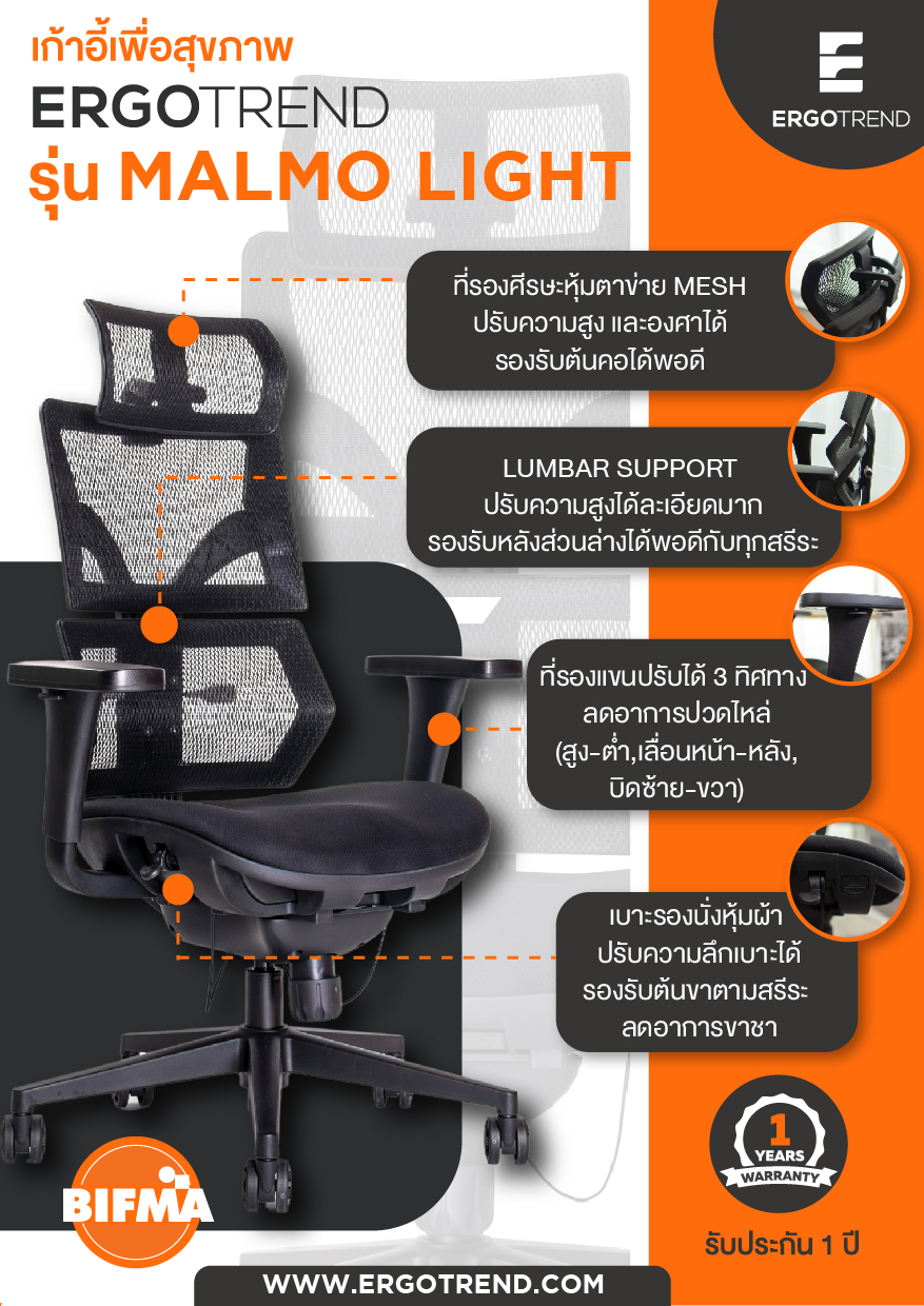 Ergotrend เก้าอี้เพื่อสุขภาพเออร์โกเทรน รุ่น Malmo Light เก้าอี้สีดำ ระบายอากาศดีเยี่ยม นุ่มสบาย ตามหลักสรีระศาสตร์ Ergonomic เก้าอี้พนักพิงสูง ลดอาการปวดเมื่อย เกรดคุณภาพ