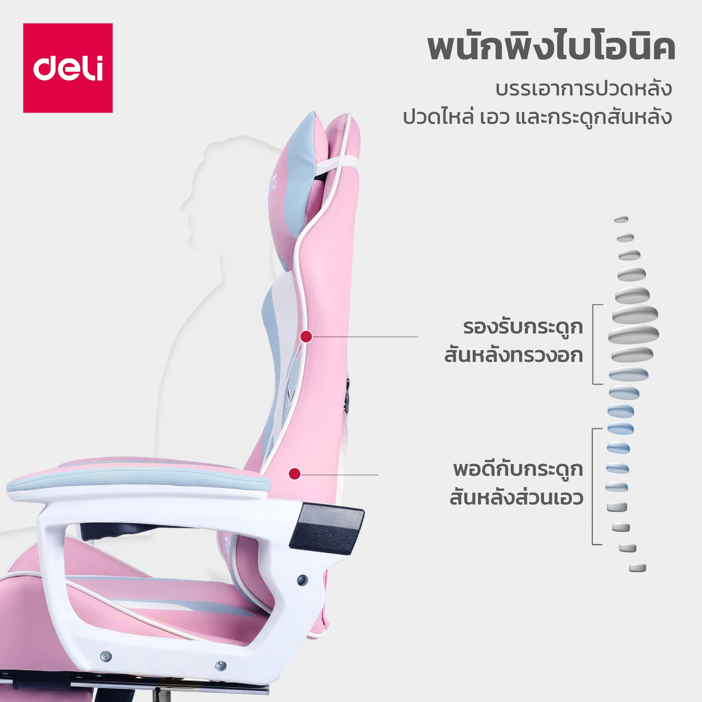 Deli เก้าอี้เกมมิ่ง เก้าอี้คอม เล่นเกม เก้าอี้สีดำ เก้าอี้สีแดง เก้าอี้สีชมพู เก้าอี้สีน้ำเงิน เก้าอี้สีเหลือง ขาเหล็ก+หมอนคู่ถอดได้+ที่พักเท้ายืดไสลด์ ปรับความสูงได้ นั่งสบาย เก้าอี้เกมมิ่งเพื่อสุขภาพ E-Sport Gaming Chair