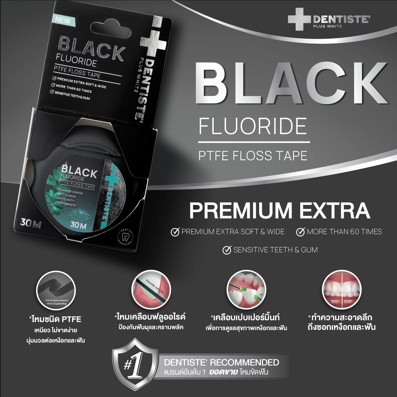 Dentiste' Dentiste Dental Black PTFE Floss Tape with Fluoride 30m ไหมขัดฟันเคลือบฟลูออไรด์ ขจัดคราบพลัค ป้องกันฟันผุ นุ่มพิเศษ ทำความสะอาดลึกถึงซอก
