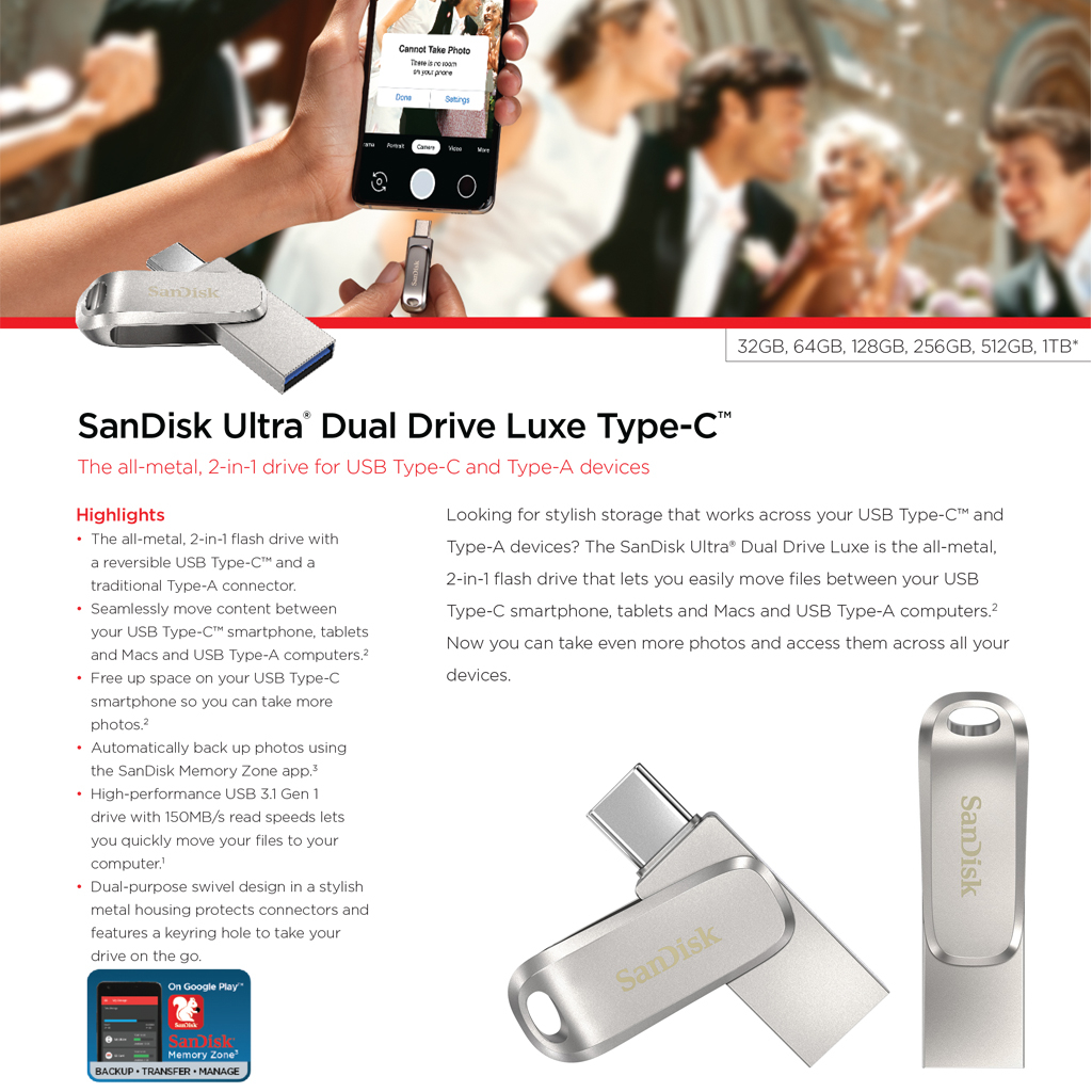 มุมมองเพิ่มเติมของสินค้า SanDisk Ultra Dual Drive Luxe USB Type-C 64GB (SDDDC4-064G-G46)แฟลชไดรฟ์ ไดร์ฟ OTG สำหรับโทรศัพท์ แท็บเล็ต Tablet iPad Pro