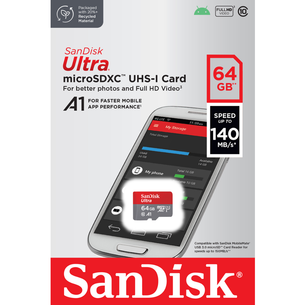 ข้อมูลเกี่ยวกับ Sandisk Ultra Micro SD Card 64GB SDXC Class10 A1 อ่าน140MB/s (SDSQUAB-064G-GN6MN) ใส่ โทรศัพท์เล่นแอพ Nintendo Switch