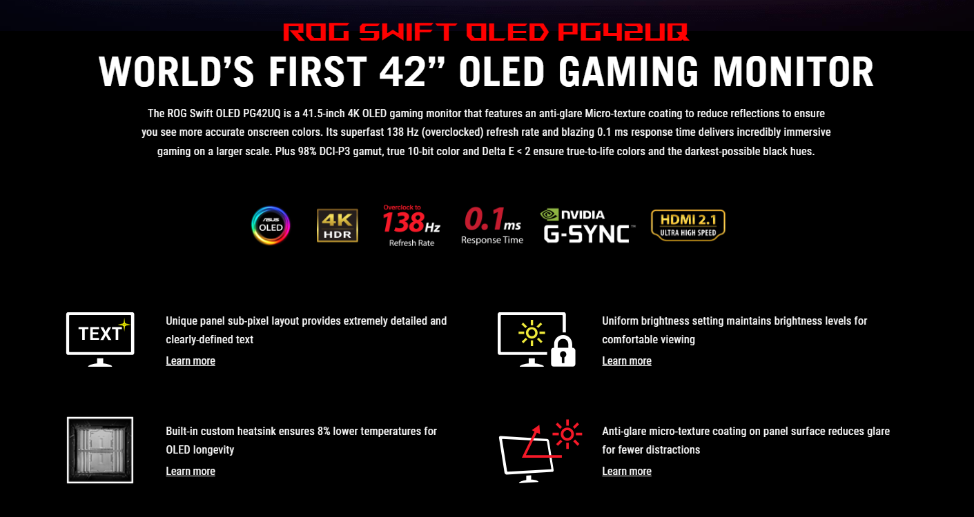 ASUS ROG Swift OLED PG42UQ (90LM0850-B01120) Gaming Monitor, 41.5-inch ...