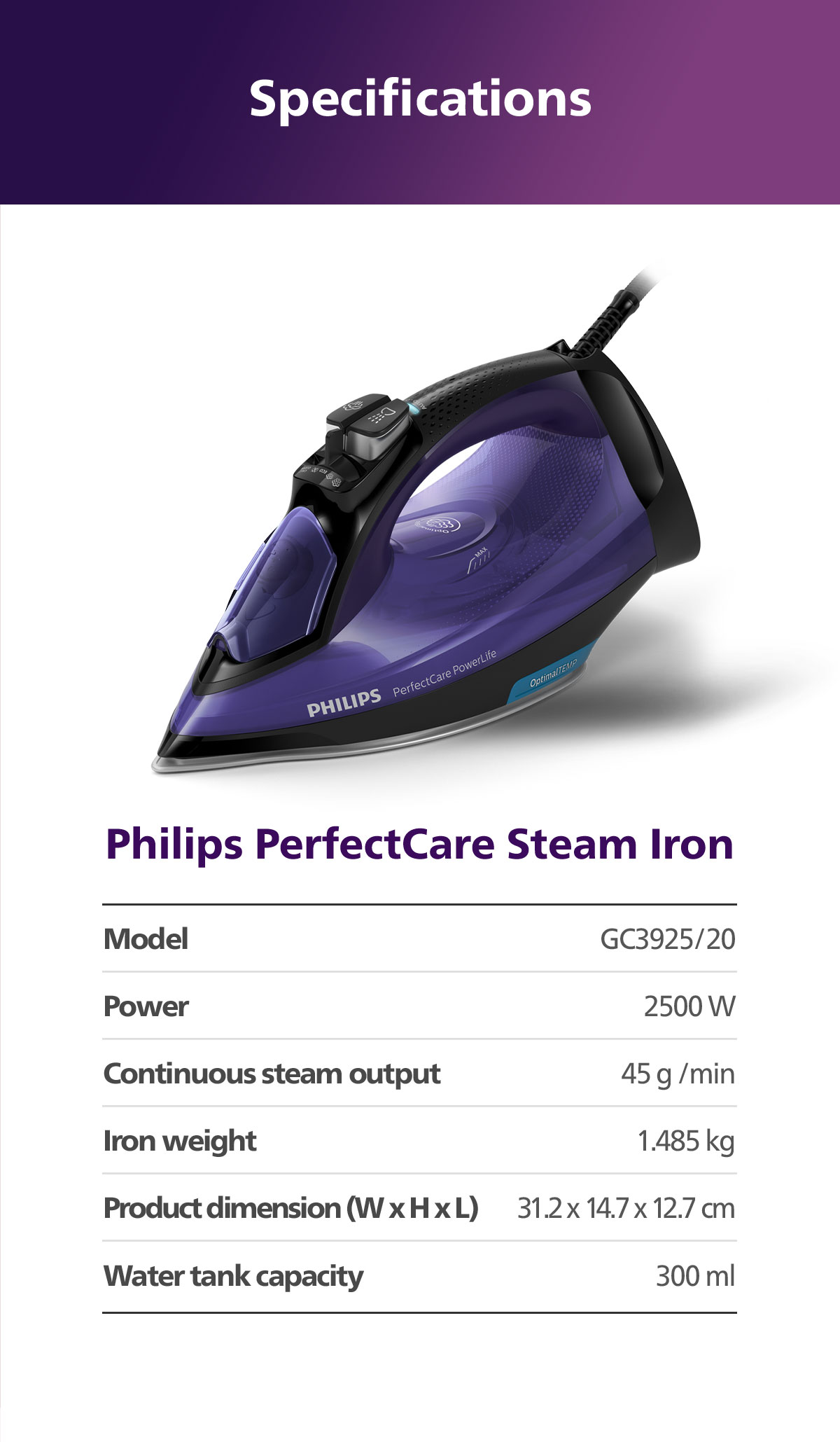 Philips PerfectCare Steam iron เตารีดไอน้ำ Philips รุ่น GC3925/30 ...
