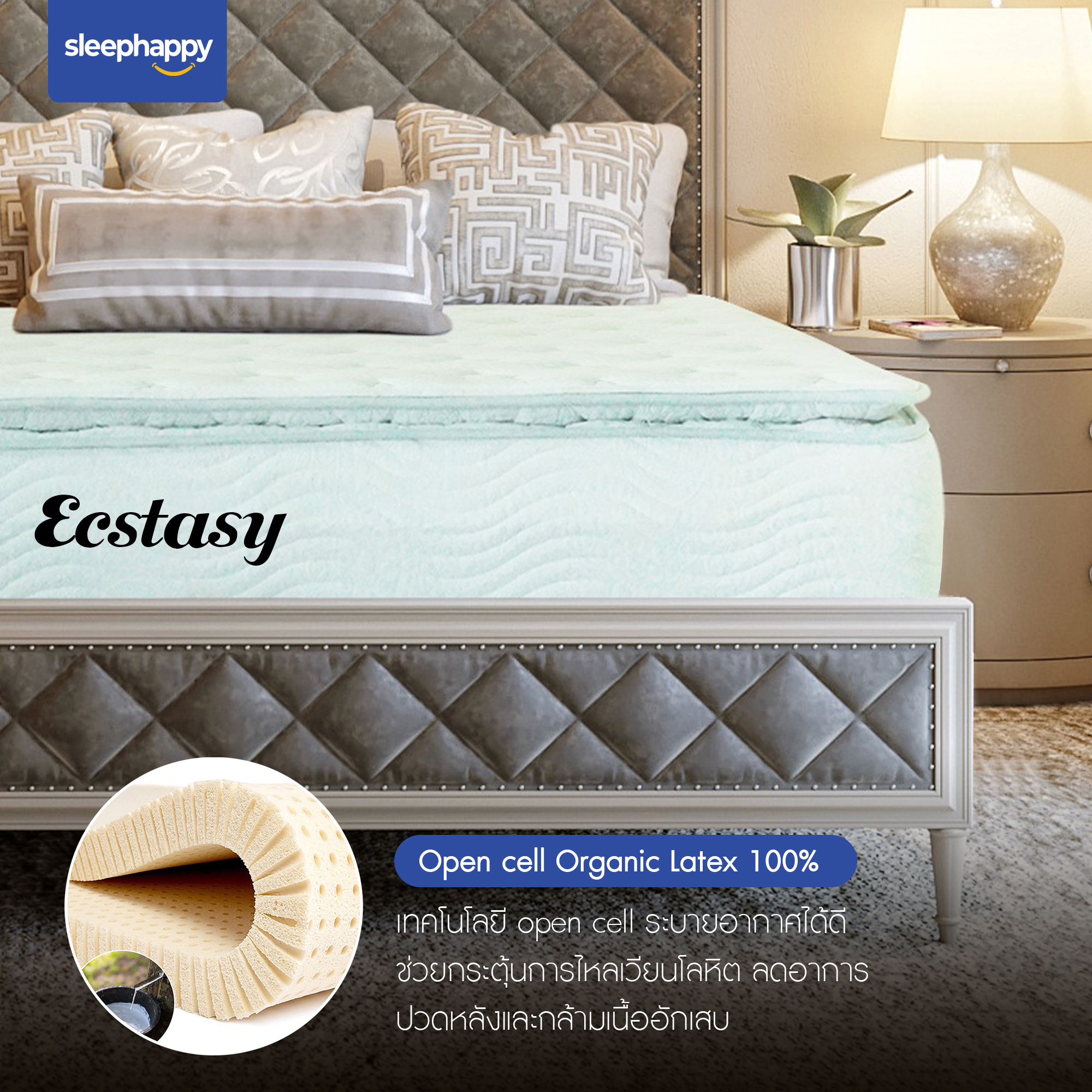 SleepHappy รุ่น Ecstasy ที่นอนพ็อกเก็ตสปริงผสานยางพารา หนา 12 นิ้ว เสริม Pillow top สัมผัสนุ่มแน่น ยกระดับการนอนเทียบเท่าโรงแรม 5 ดาว