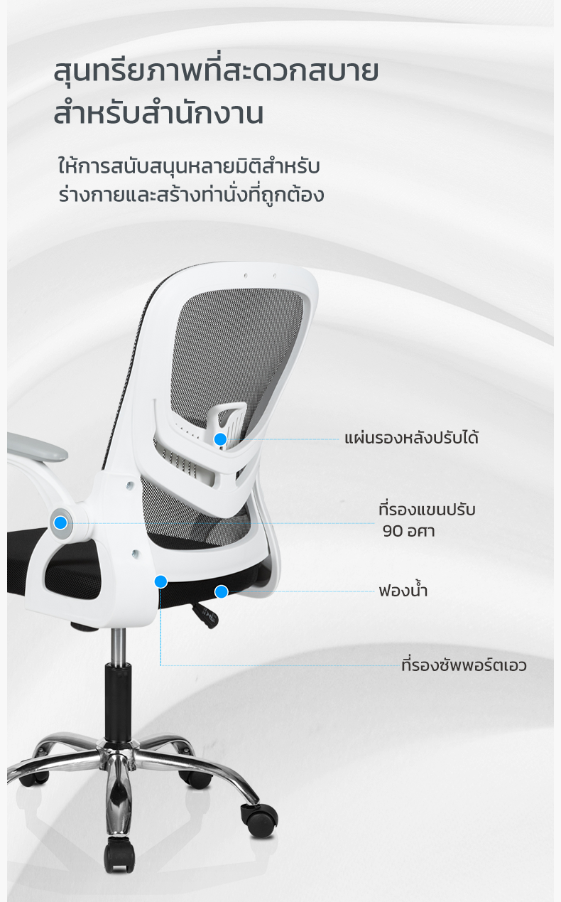 Deli เก้าอี้สำนักงาน เก้าอี้สีดำ เก้าอี้สีขาว เก้าอี้ไบโอนิค ช่วยคลายไหล่ นั่งสบาย ที่วางแขนพับได้ เหล็กชุบโครเมียม เก้าอี้พนักพิงต่ำ รับประกันคุณภาพ อุปกรณ์สำนักงาน Office Chair