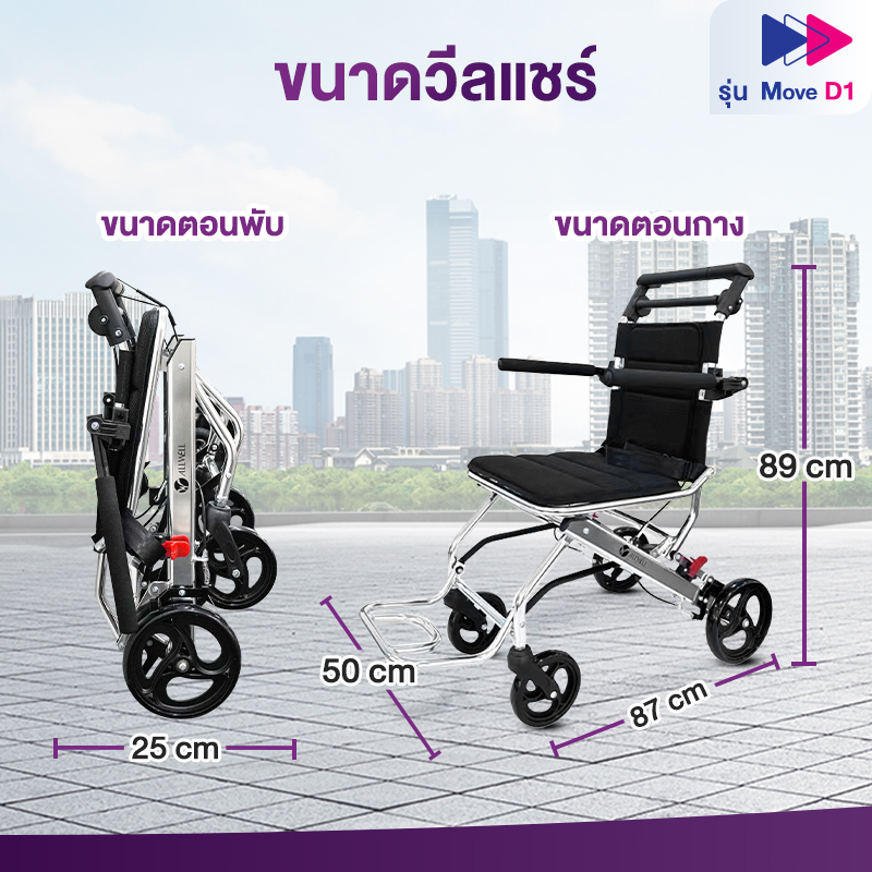 Allwell รถเข็นผู้ป่วย น้ำหนักเบาที่สุด เกรดเครื่องมือแพทย์ วีลแชร์ พับได้ รุ่น Move D1 รับประกัน 1 ปี