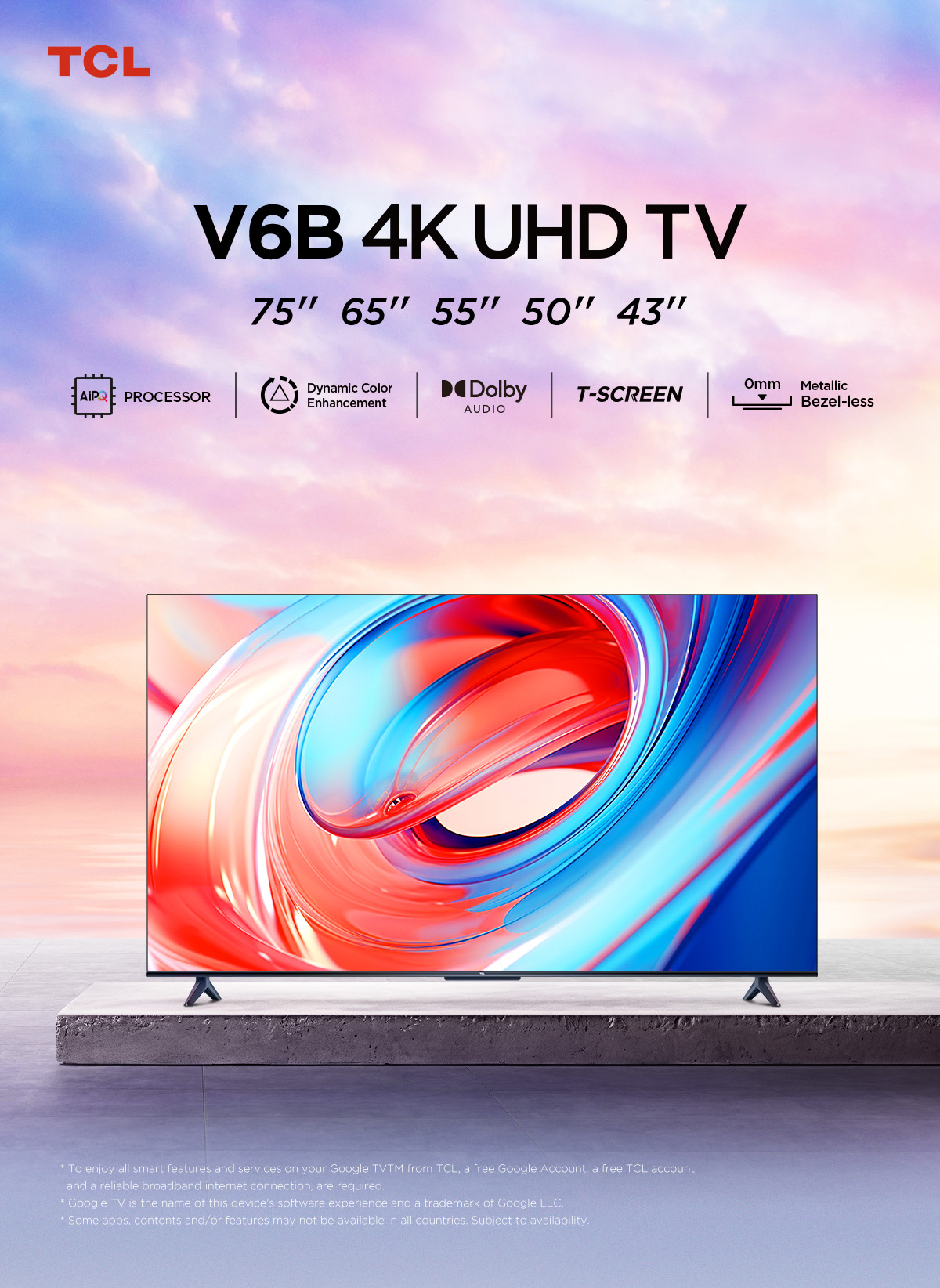 TCL 2024 TV ทีวี ขนาด 65 นิ้ว LED 4K UHD Google TV รองรับ WiFi รุ่น 65V6B ระบบปฏิบัติการ Google/Netflix & Youtube, Voice search