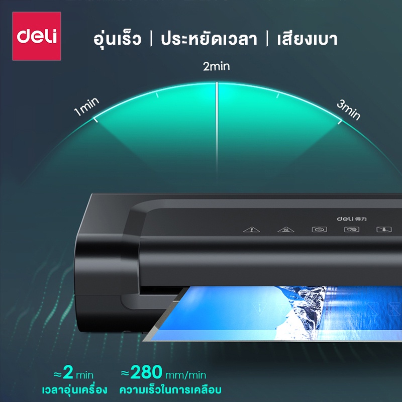 Deli 14375 เครื่องเคลือบบัตร A4 เครื่องเคลือบเอกสาร กระดาษ 280มม./นาที อุปกรณ์สำนักงาน Laminator